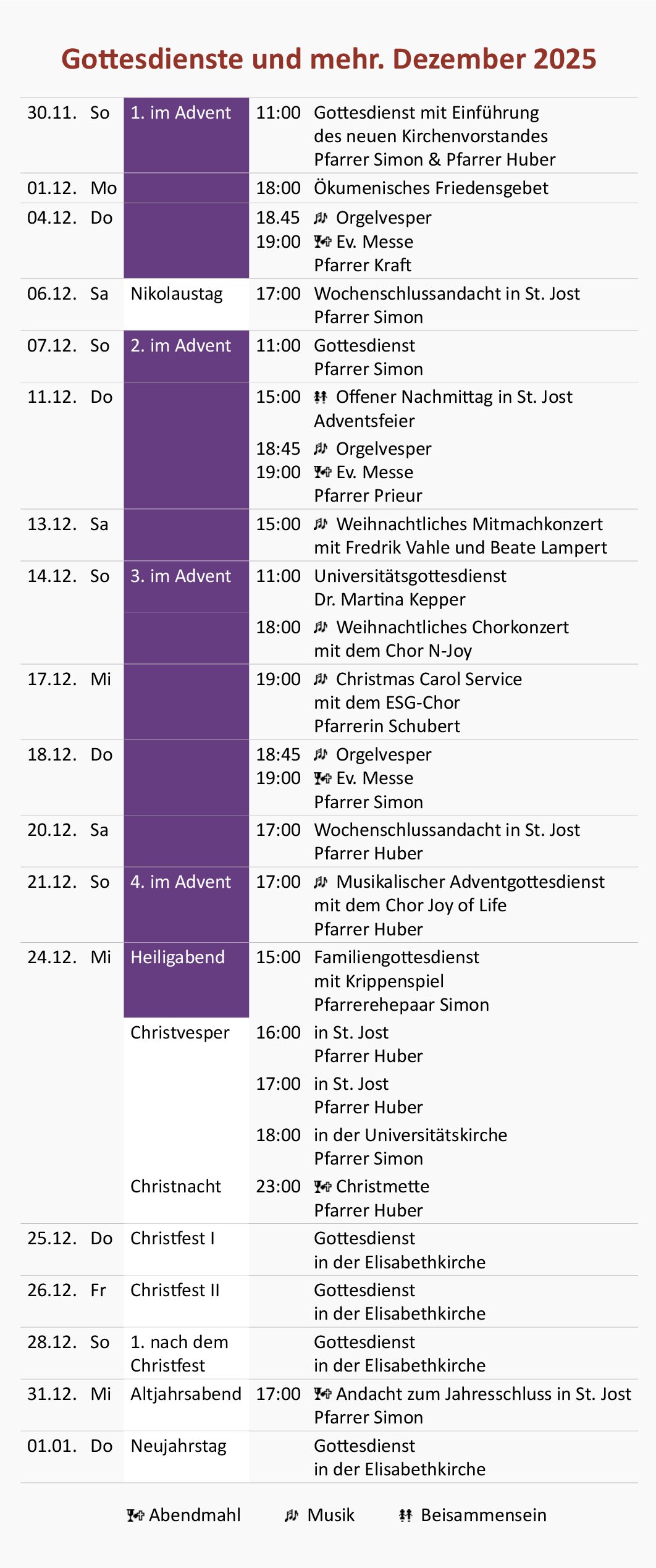 Gottesdienste und mehr. Dezember 2025