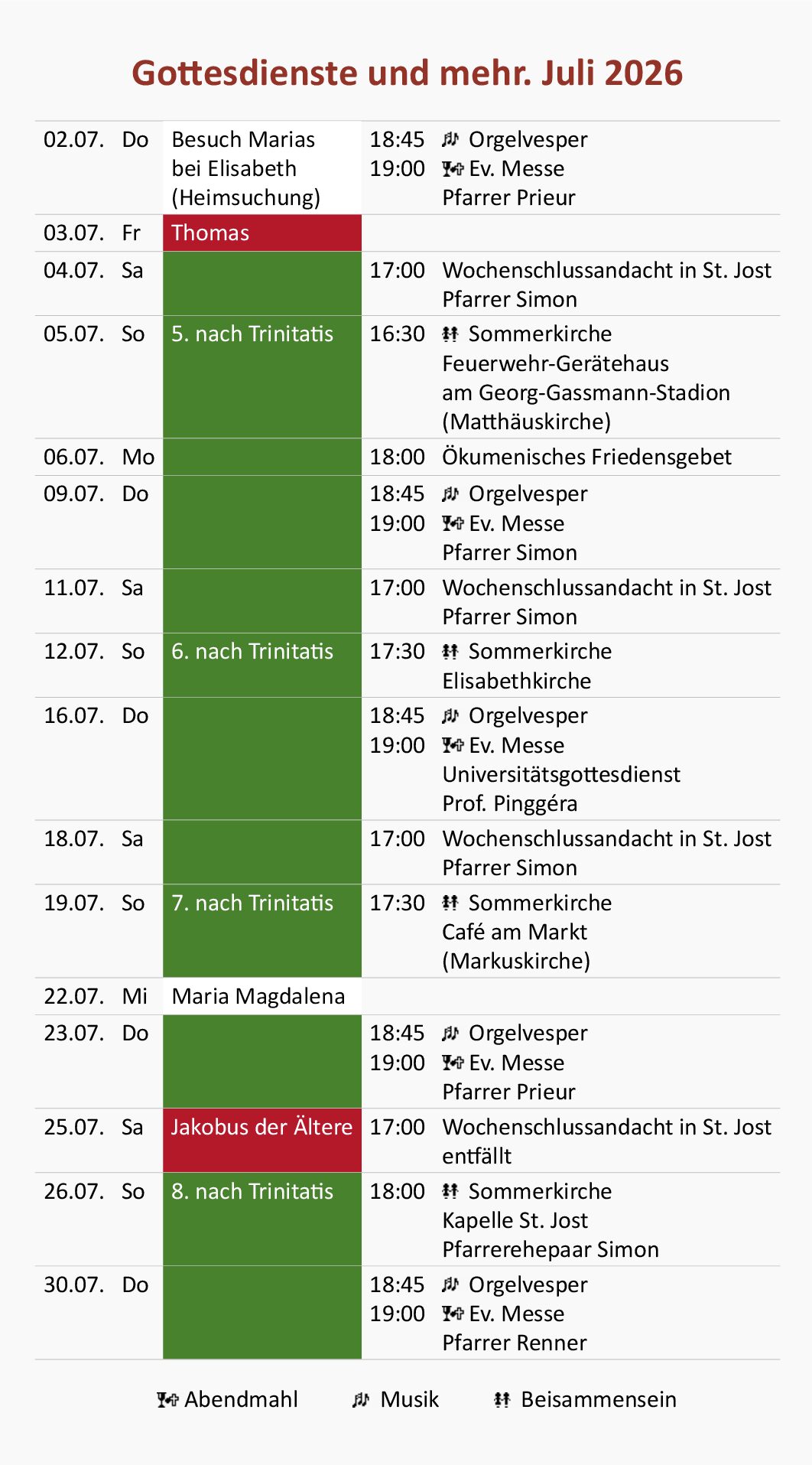Gottesdienste und mehr. Juli 2026