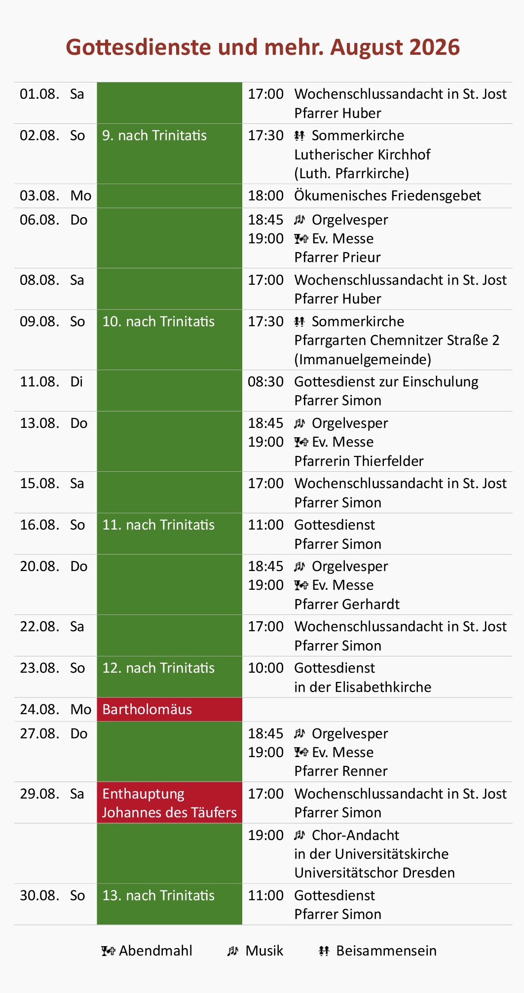 Gottesdienste und mehr. August 2026