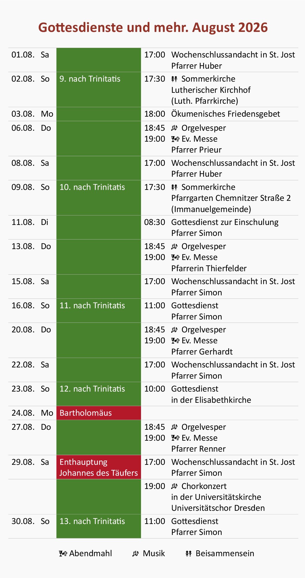 Gottesdienste und mehr. August 2026