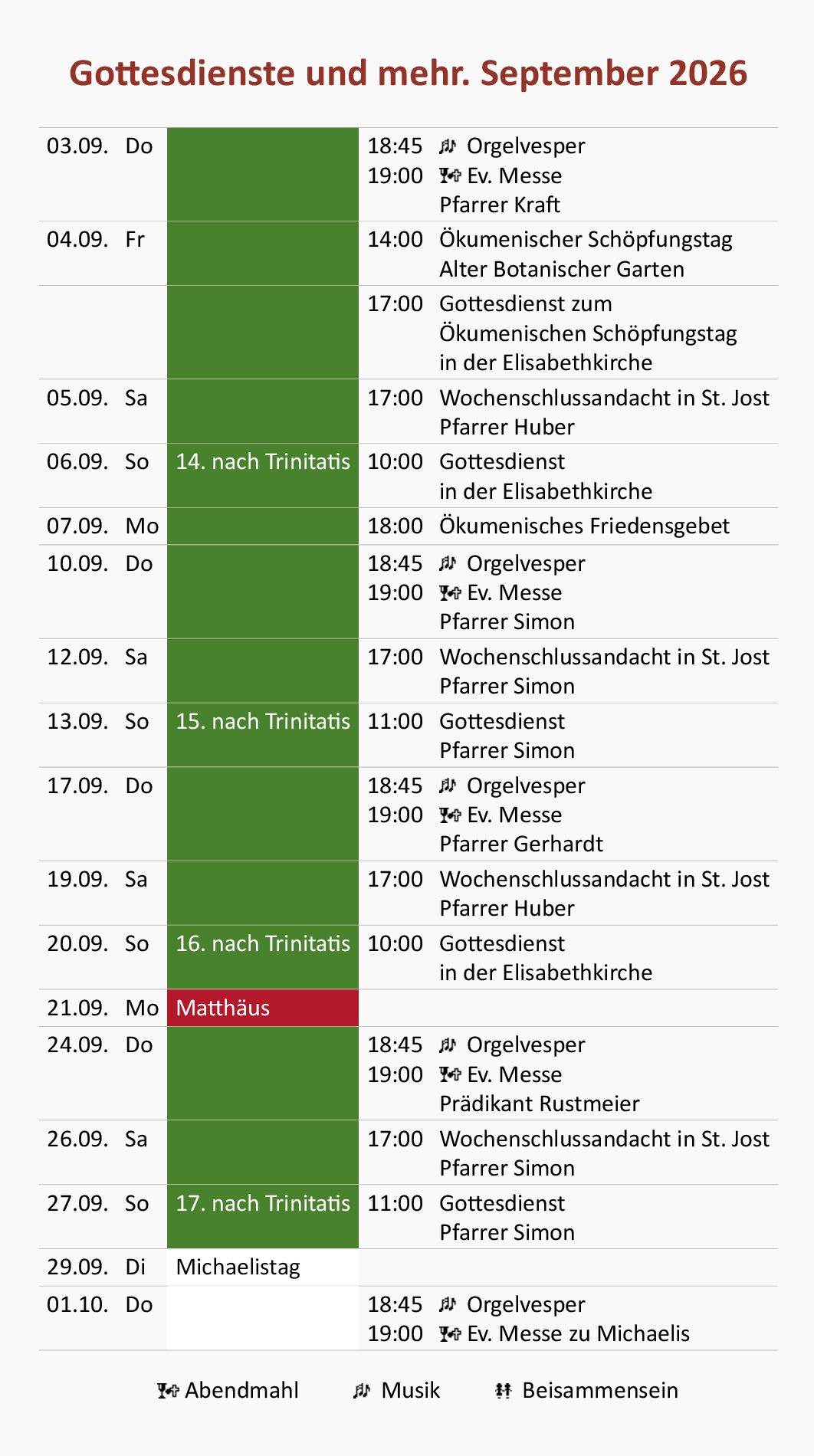 Gottesdienste und mehr. September 2026