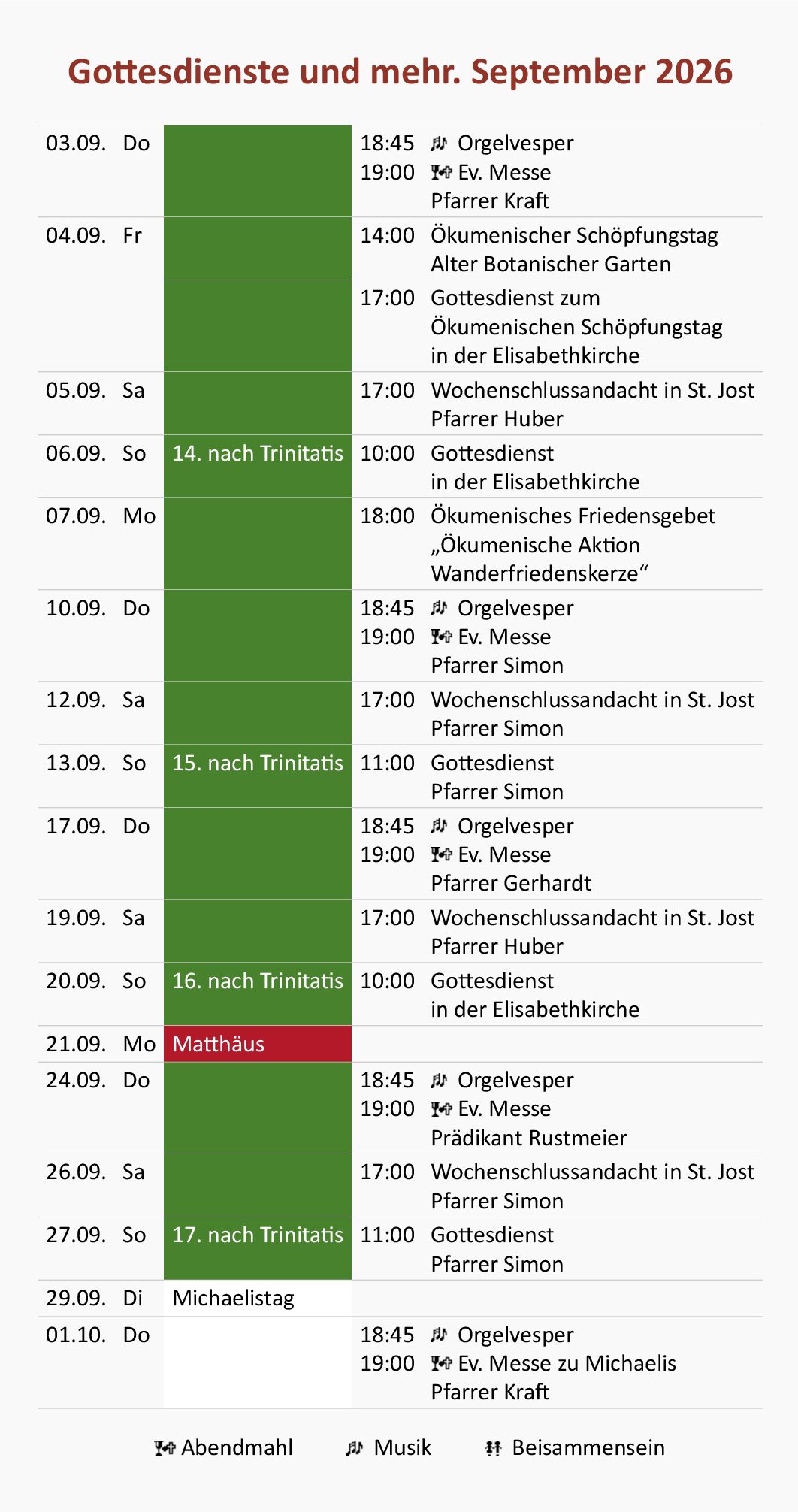 Gottesdienste und mehr. September 2026