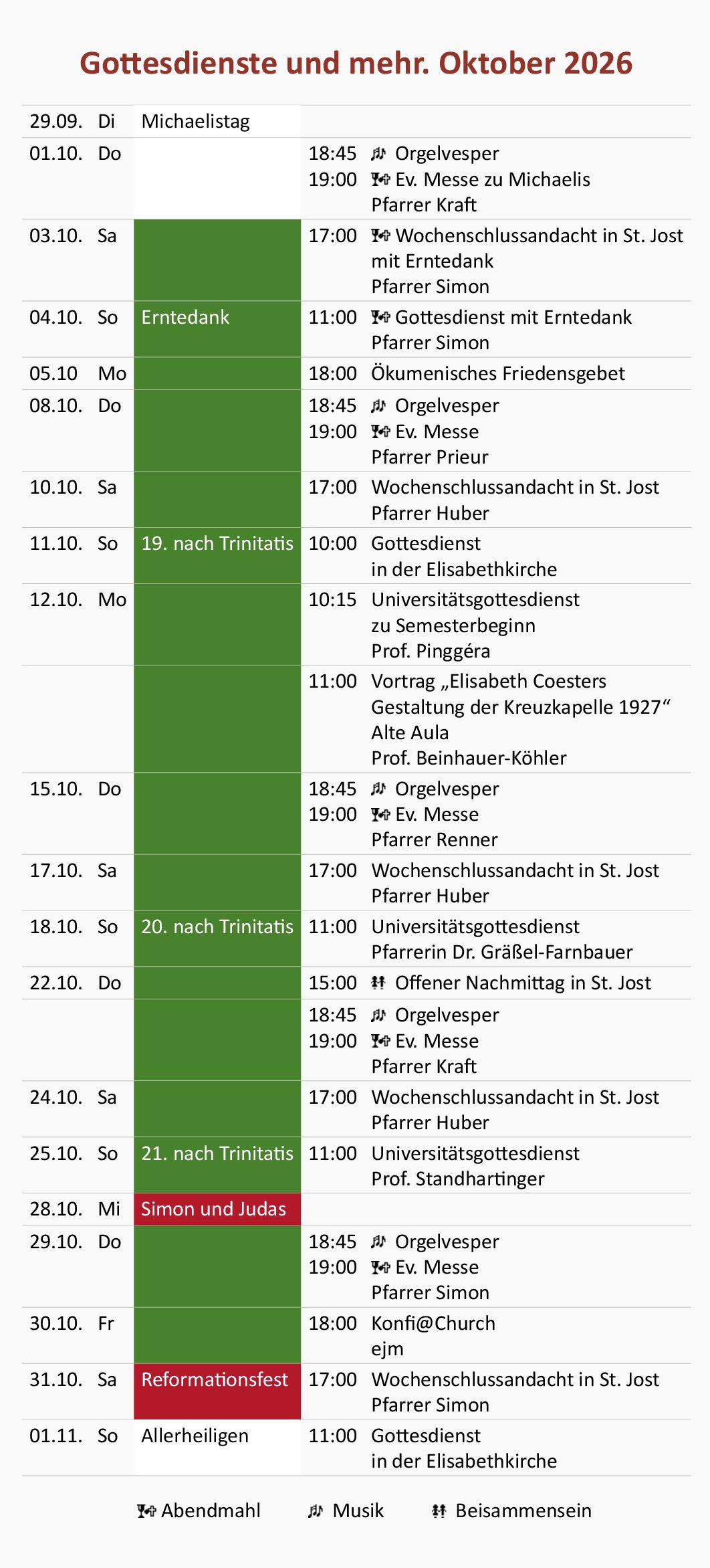 Gottesdienste und mehr. Oktober 2026