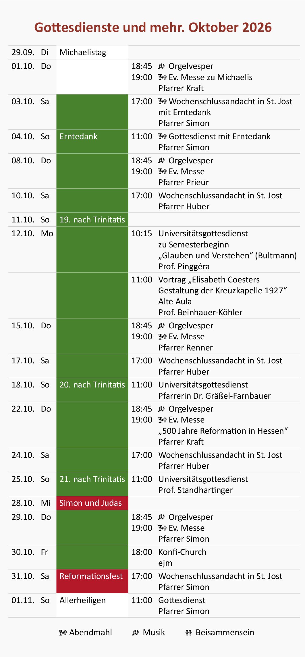 Gottesdienste und mehr. Oktober 2026