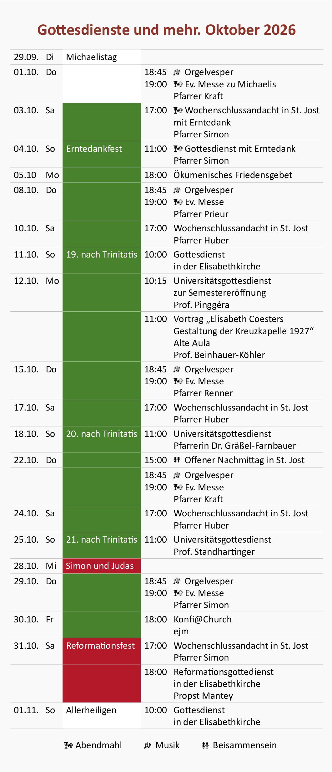 Gottesdienste und mehr. Oktober 2026