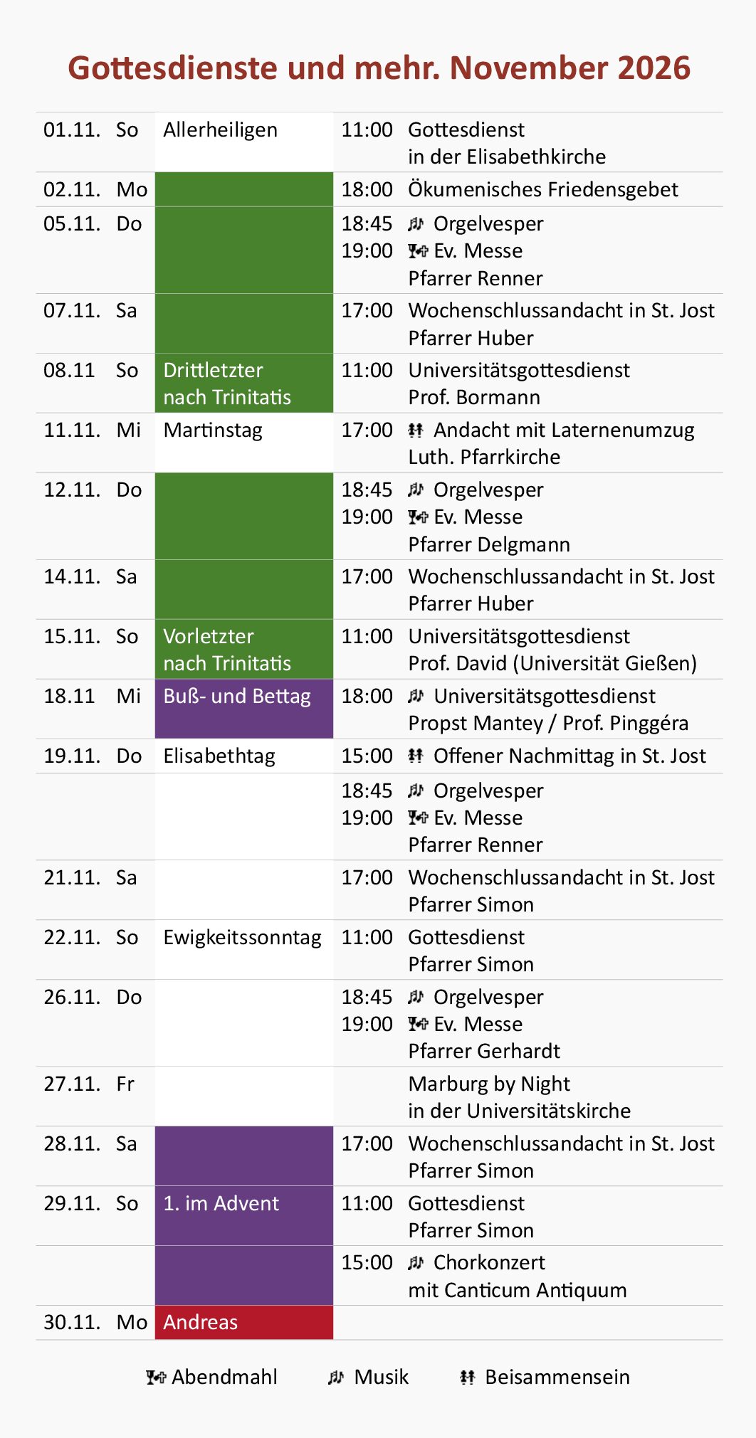 Gottesdienste und mehr. November 2026